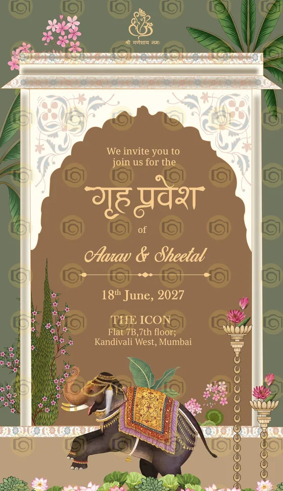 Indian Wedding Invitation Featuring An Ornate Elephant Surrounded By Colorful Flowers